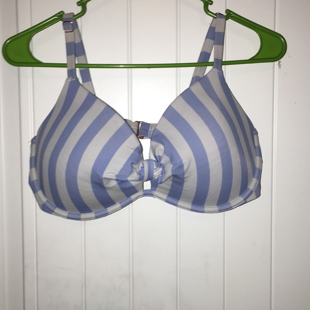 a single blue and white stripe bikini top